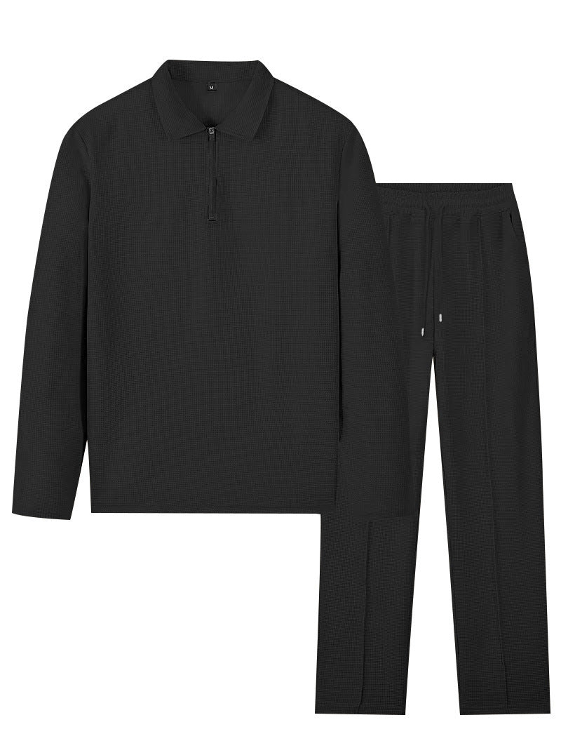 Men's waffle texture loungewear and leisure set with half-zip polo collar and drawstring waistband Mune Fashion