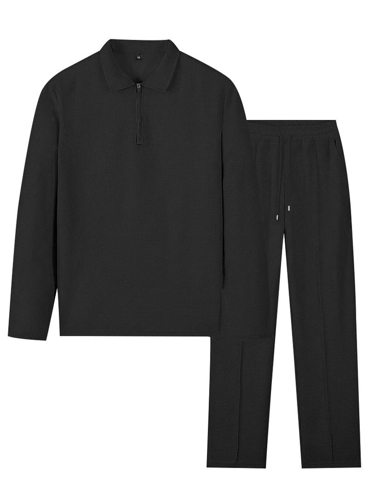 Men's waffle texture loungewear and leisure set with half-zip polo collar and drawstring waistband Mune Fashion