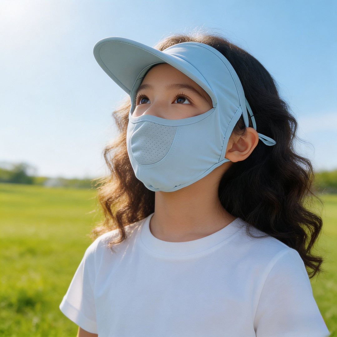 Women's sun protection visor with integrated breathable face mask and adjustable neck draw Mune Fashion