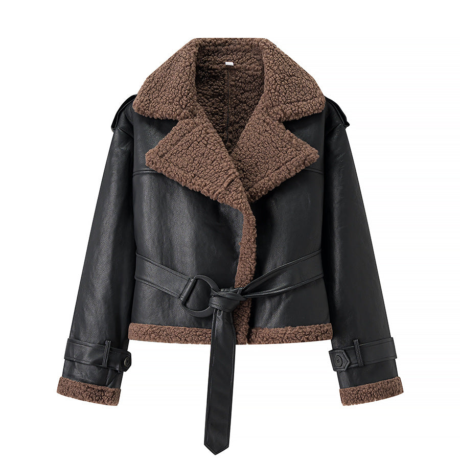 Women Short Flight Jacket Made of Faux Leather with Teddy Fur Collar and Waist Belt Mune Fashion