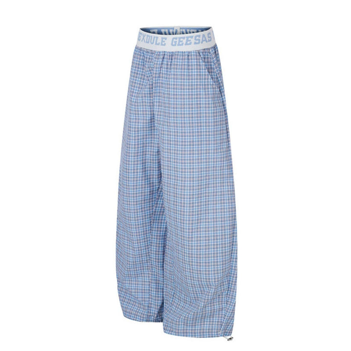Women's Wide Checkered Lounge Pants with Elastic Logo Waistband and Drawstring Hem Mune Fashion