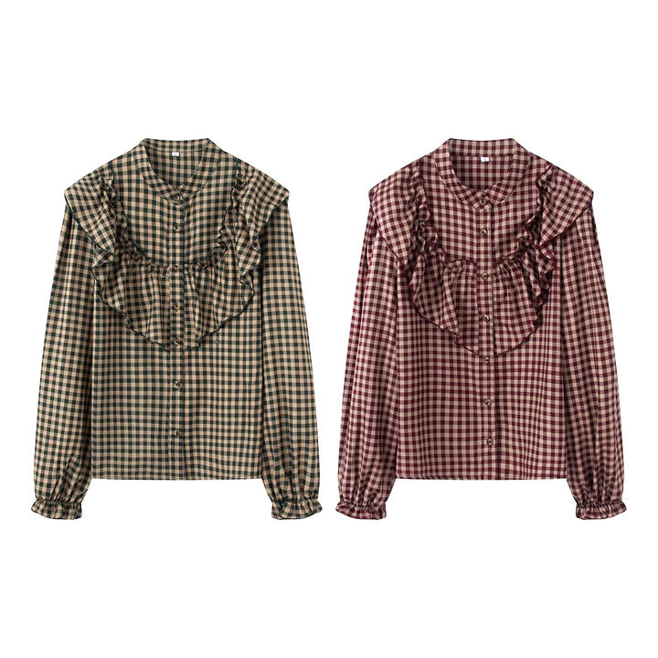 Women Checked Ruffled Blouse with Stand-up Collar and Ruffle Details Mune Fashion