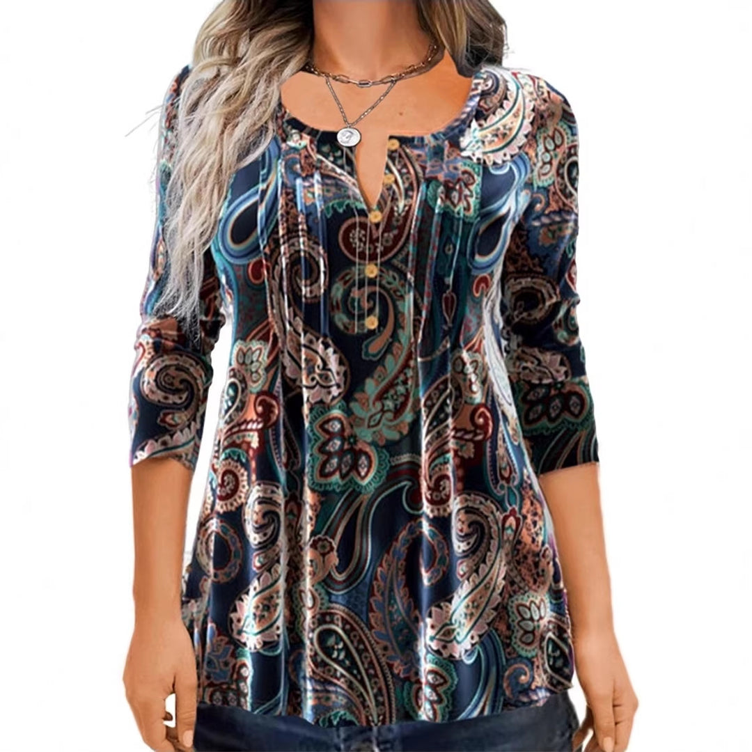 Women Paisley Tunic with 3/4 Sleeves, Pleats and Button Placket Mune Fashion