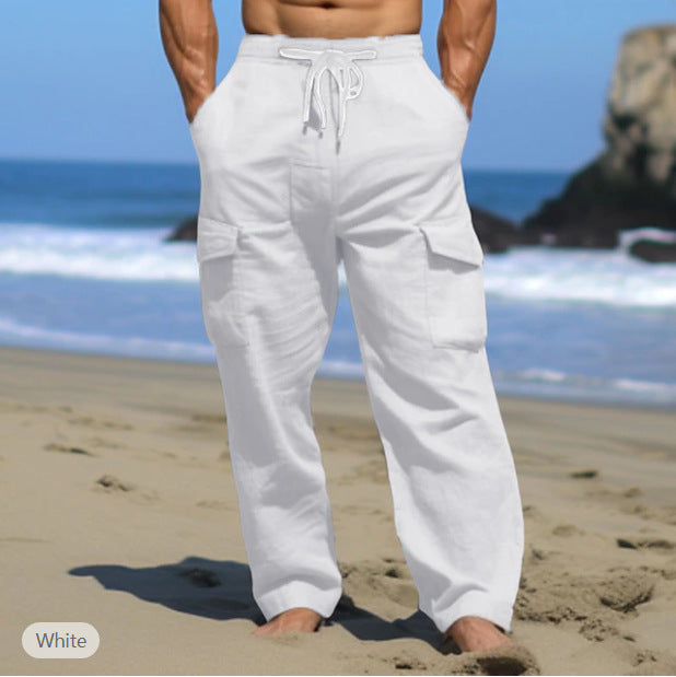 Men's relaxed-fit leisure cargo pants made of linen blend with tunnel drawstring waistband, flap pockets, and relaxed beach fit Mune Fashion