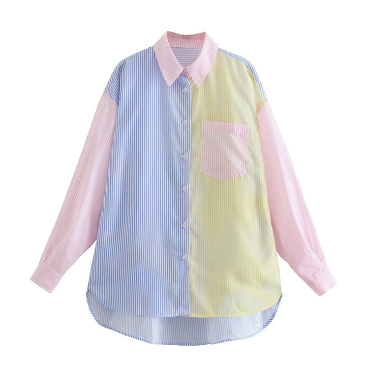 Women nan oversized shirt blouse with block stripes and chest pocket Mune Fashion