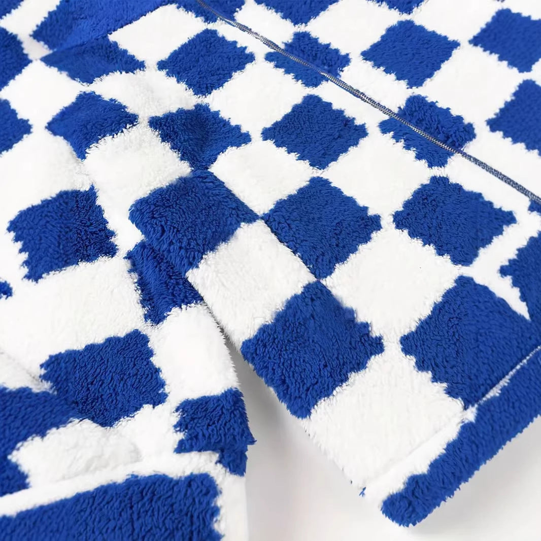 Women's Checked Design Teddy Fleece Jacket with Stand-Up Collar, Zipper and Oversized Cut Mune Fashion