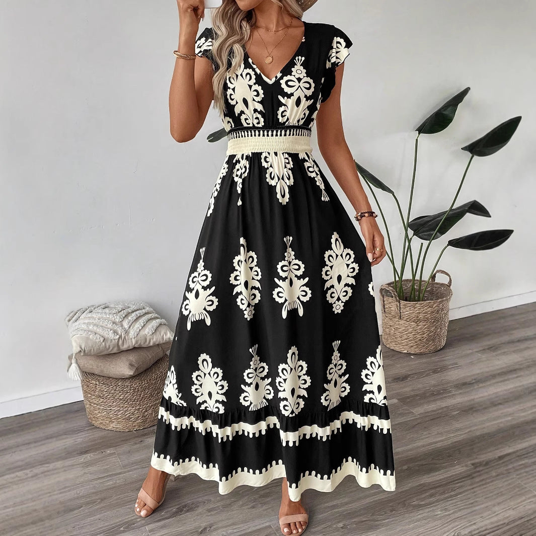 Women’s Boho Long Dress with V-neck, fitted stretch waistband and contrasting ornament print Mune Fashion