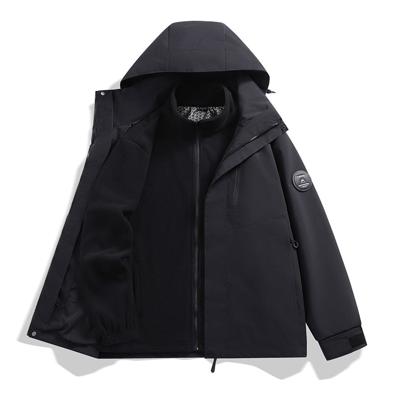 Men's softshell performance jacket with removable hood, concealed full-length zipper, and ergonomic cut Mune Fashion