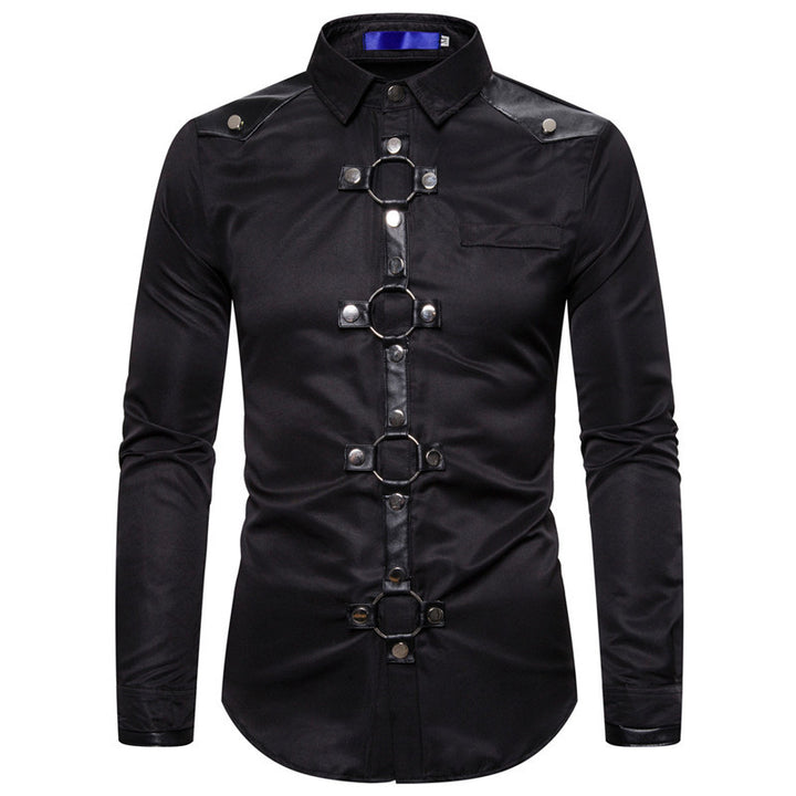 Men's fitted long sleeve shirt with decorative leather stripes and metal rings Mune Fashion