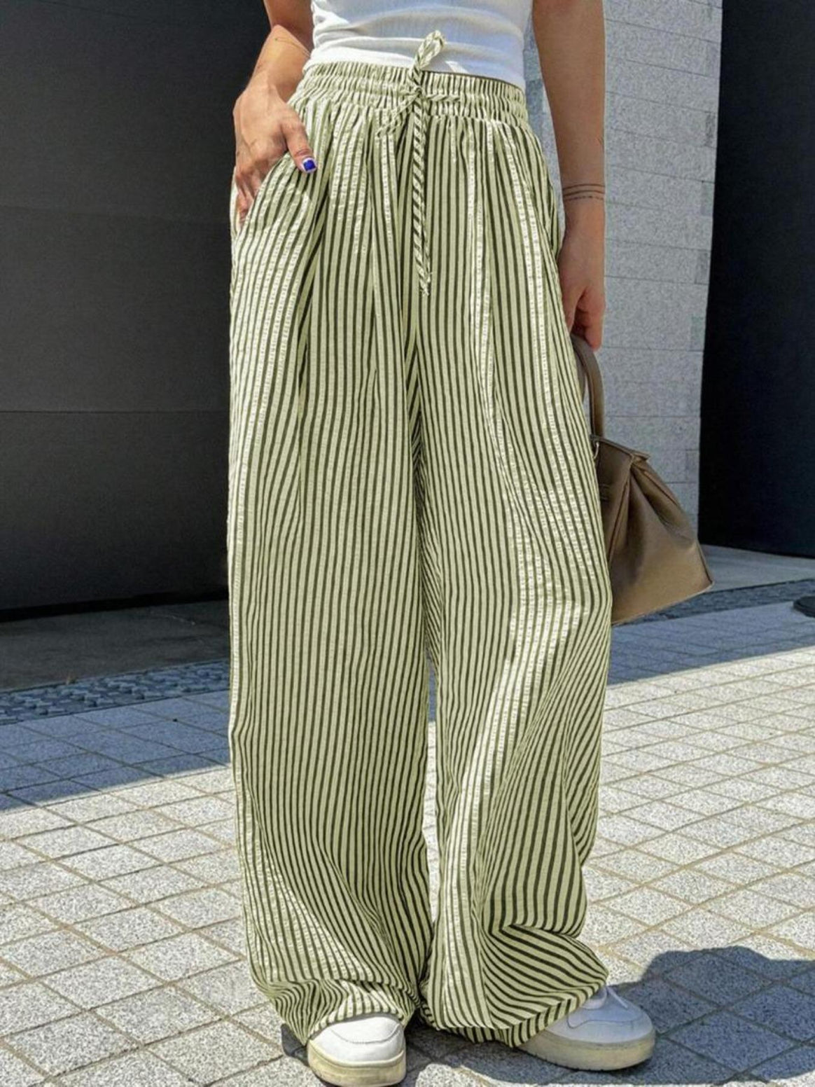 Women's Marlene striped pants made of linen blend with wide leg, elastic waistband and drawstring Mune Fashion