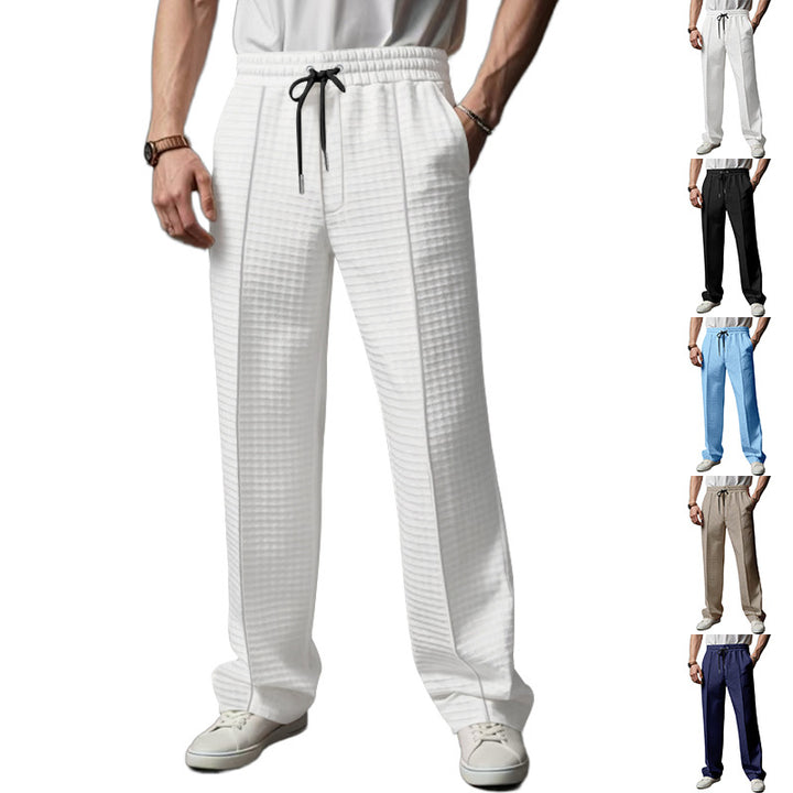 Men's Relaxed-Fit Leisure Pants with Textured Check Pattern, Elastic Waistband & Drawstring