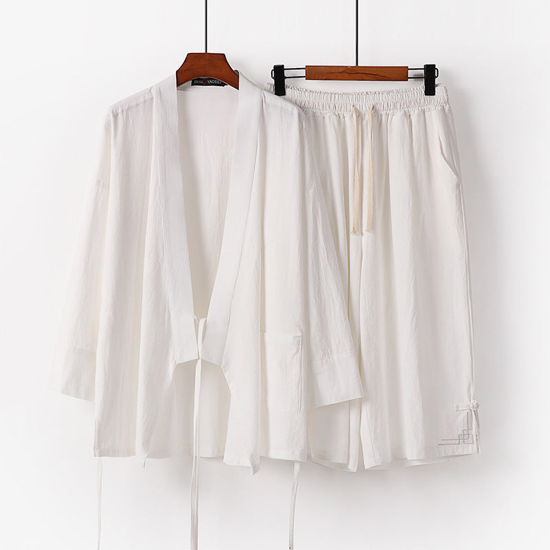 Women's Zen-Kimono-Lounge-Set made of breathable cotton blend with tie waist jacket and wide culotte pants Mune Fashion