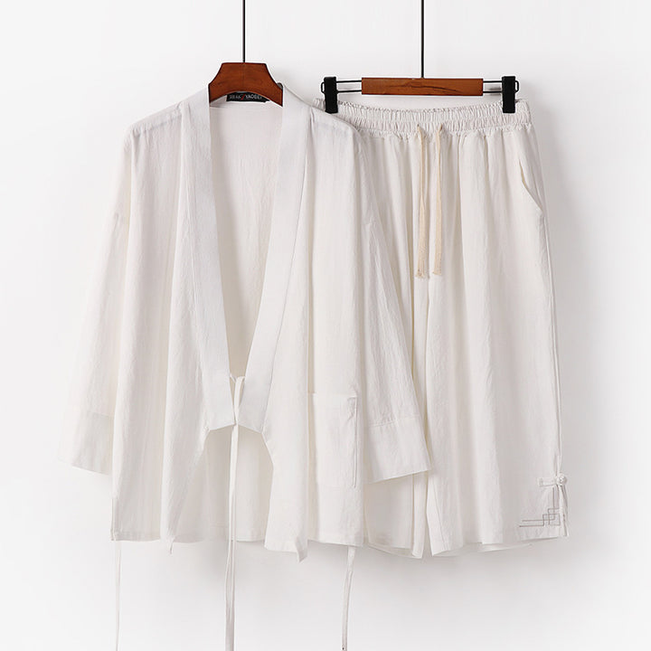 Women's Zen-Kimono-Lounge-Set made of breathable cotton blend with tie waist jacket and wide culotte pants Mune Fashion
