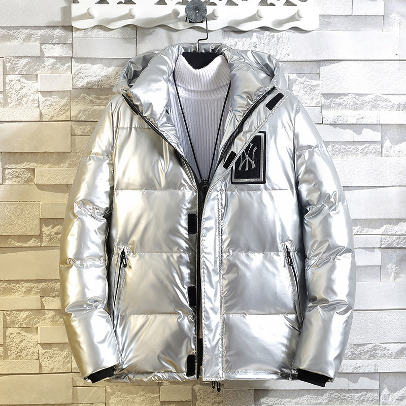 Men's Quilted Metallic Padded Jacket with Hood and Windproof Front Mune Fashion