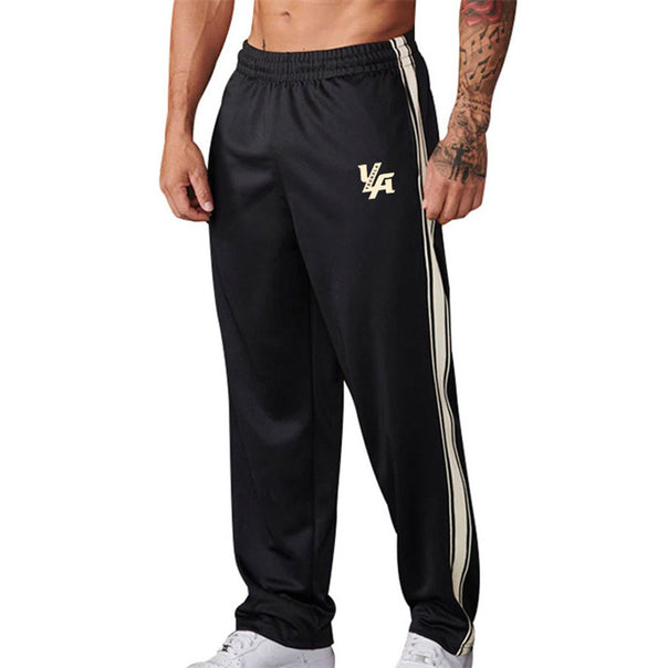 Men's straight-cut training pants with elastic comfort waistband, side double stripe, and thigh logo print Mune Fashion