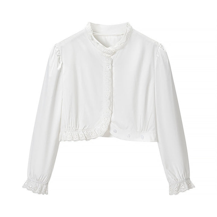 Women's Cropped Lace Bolero Blouse with Stand Collar and Eyelet Embroidery Mune Fashion