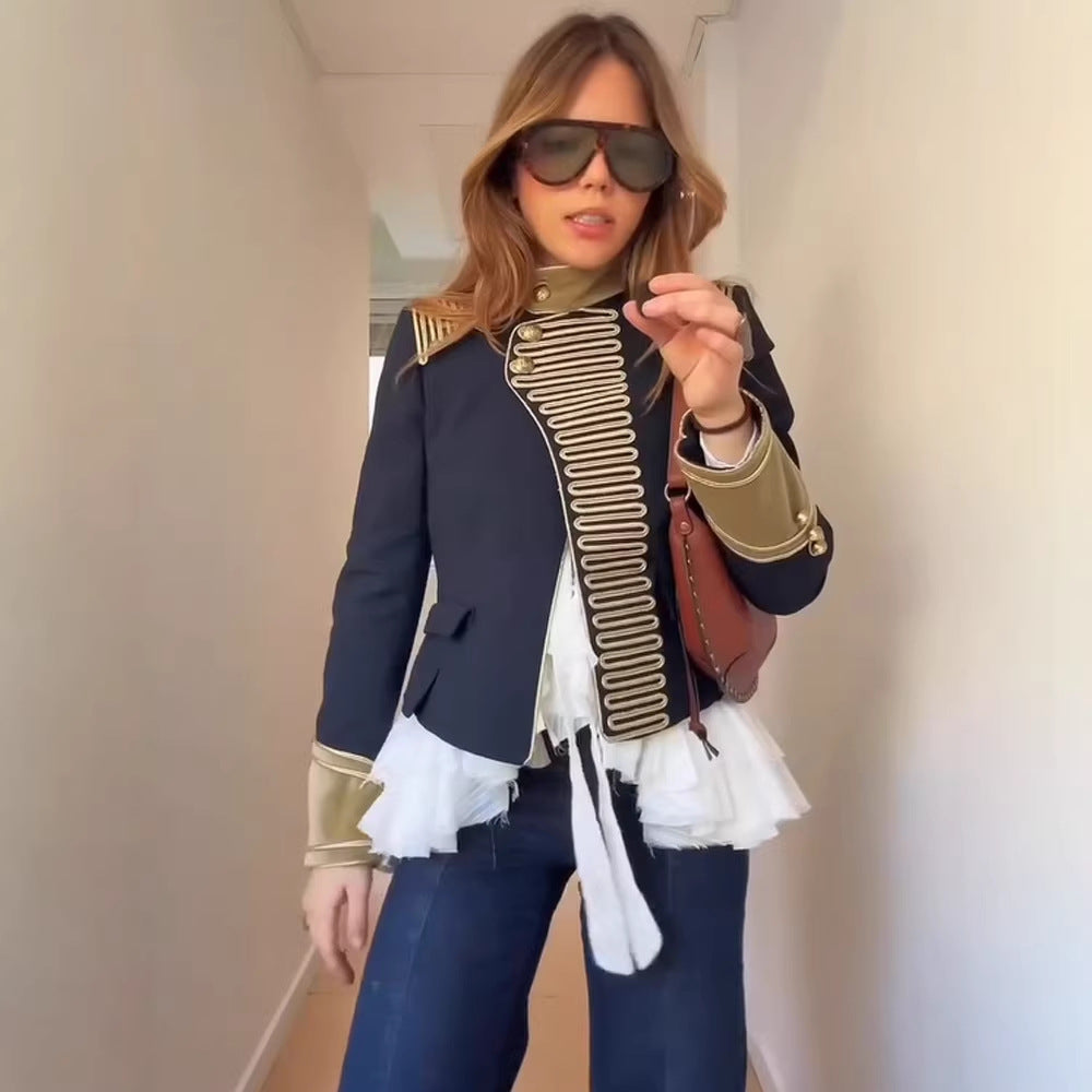 Women’s military-inspired short jacket with gold cord trim and stand-up collar Mune Fashion