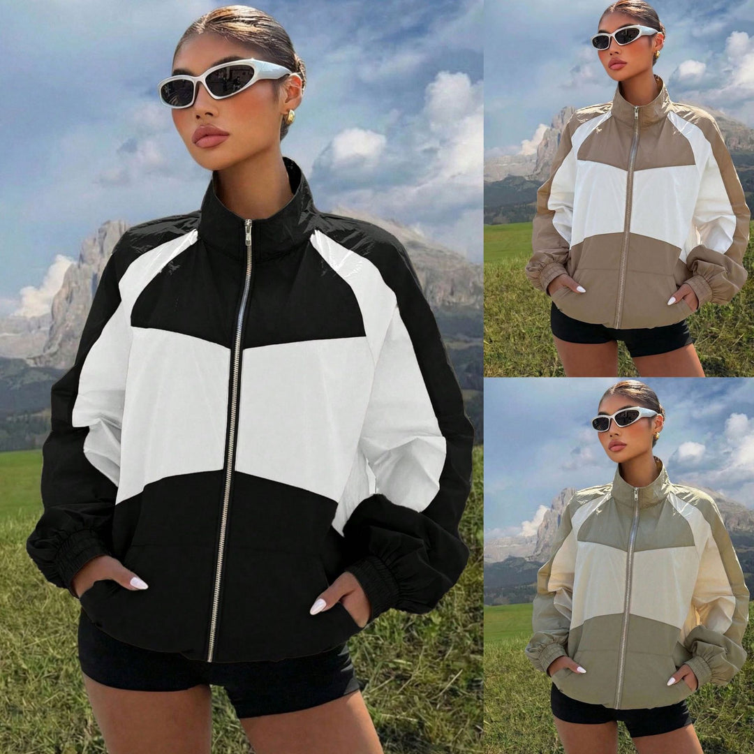 Women’s Lightweight Windbreaker Jacket with High Stand Collar and Colorblock Design Mune Fashion