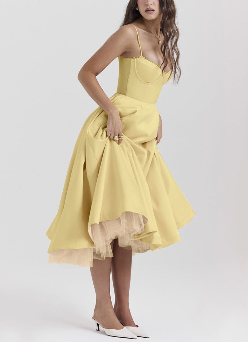 Ladies nan bustier dress with shaped bodice, soft flared skirt, integrated tulle underlay and side pockets Mune Fashion