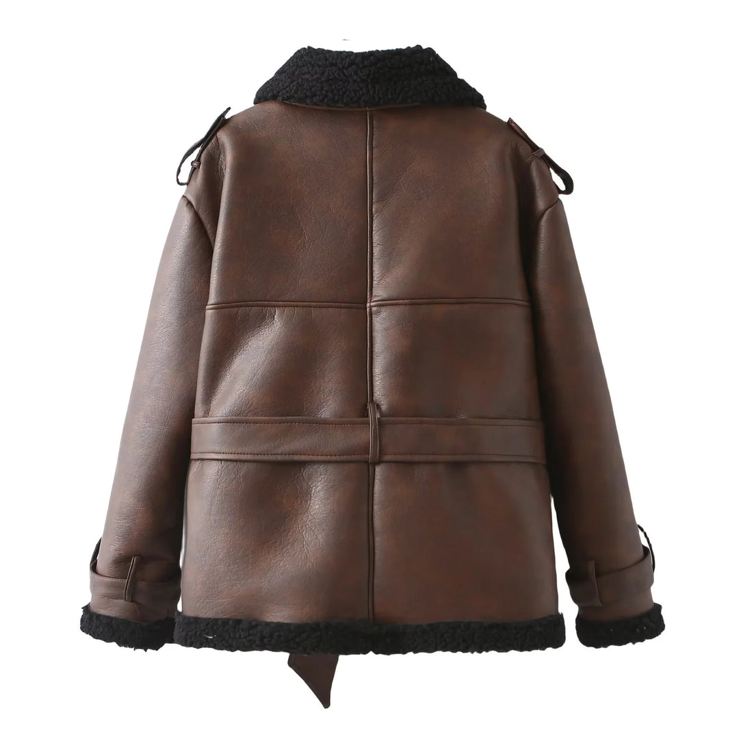 Women's tailored lambskin imitation bomber jacket with tie belt, teddy collar and adjustable cuffs Mune Fashion