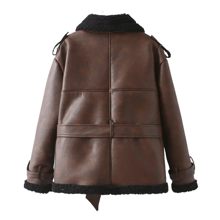 Women's tailored lambskin imitation bomber jacket with tie belt, teddy collar and adjustable cuffs Mune Fashion