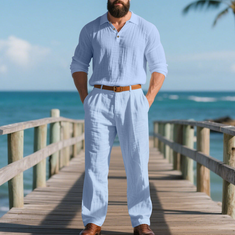 Men's airy linen two-piece set with V-neck shirt and loose pleated trousers Mune Fashion