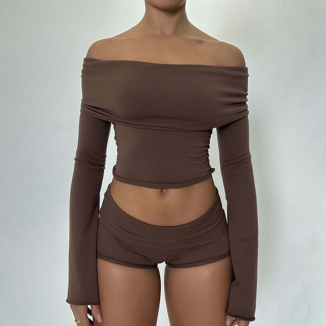 Women's Off-Shoulder Lounge Set with Long Sleeve Crop Top and High Waist Shorts made of Stretch Jersey Mune Fashion