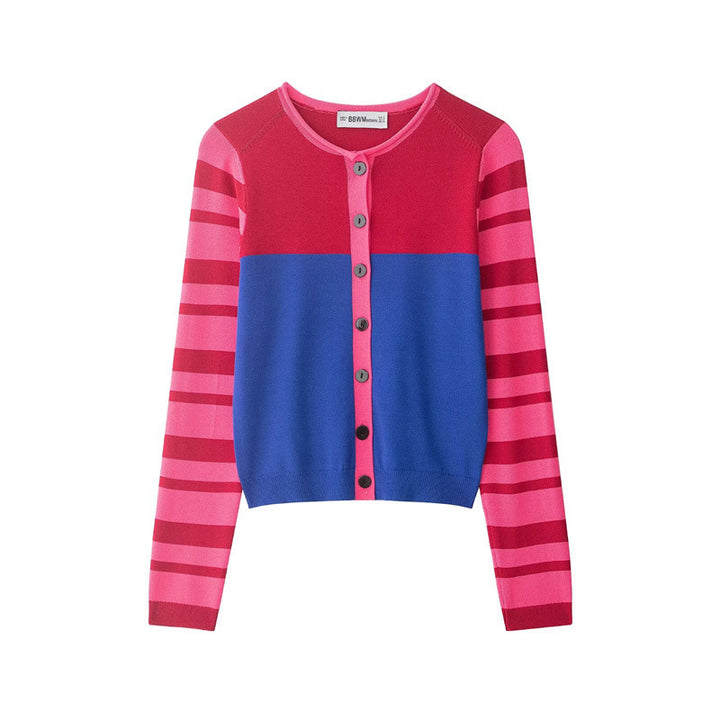 Women Cropped Cardigan with Color Block Design and Striped Sleeves Mune Fashion
