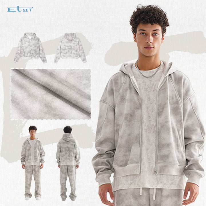 Unisex Short Cut Zip Hoodie made of French Terry with Cloud Dye Effect and Raglan Seams Mune Fashion