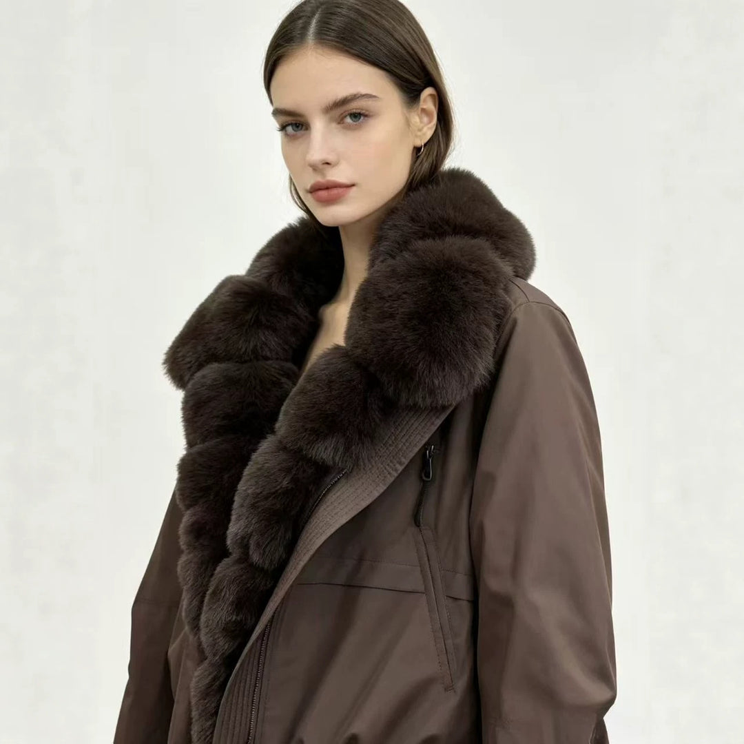Women's tailored parka bomber jacket with voluminous faux fur collar and windproof outer shell Mune Fashion