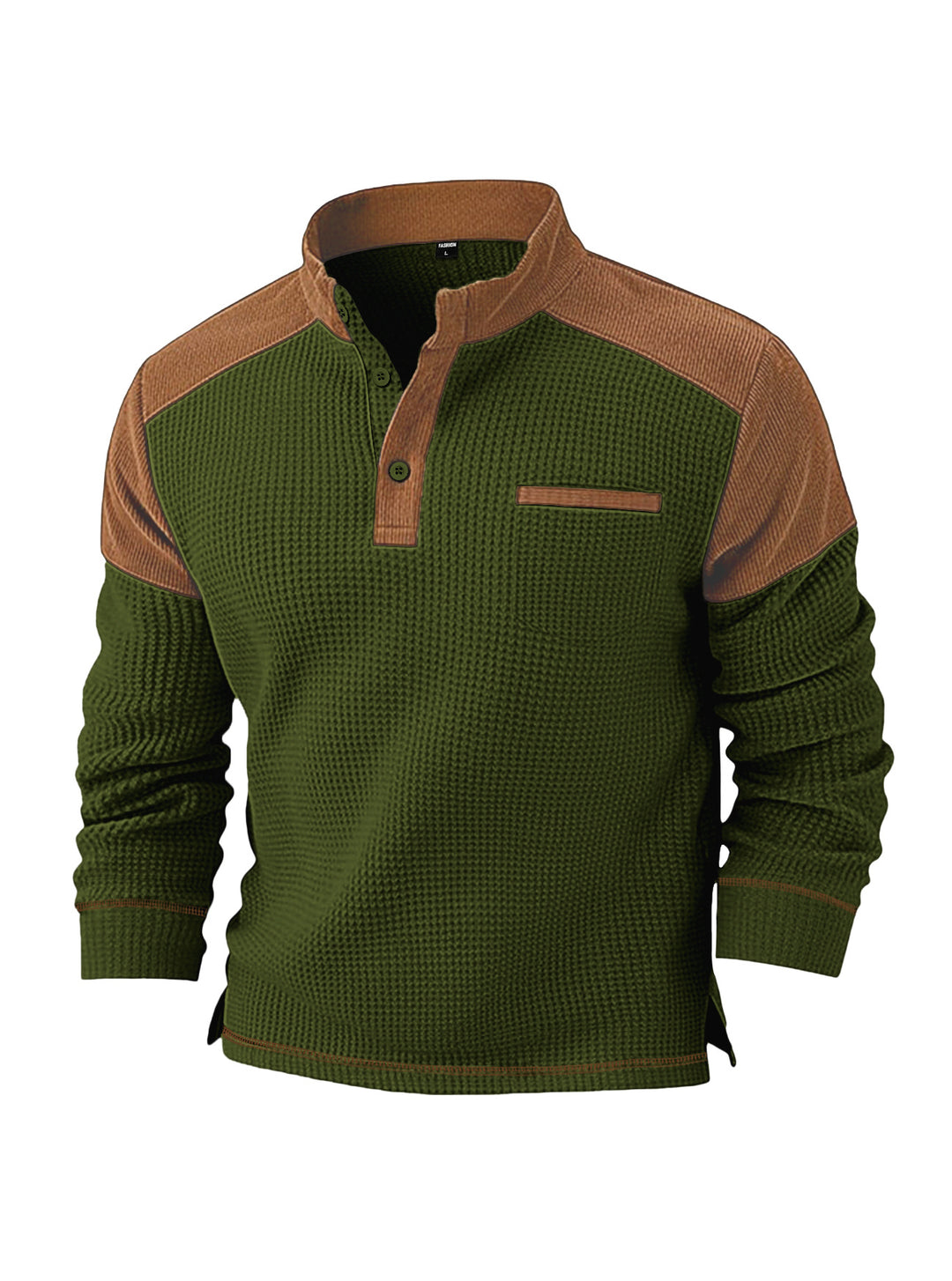 Men's waffle knit henley with stand-up collar, cord shoulder yoke and chest piping Mune Fashion