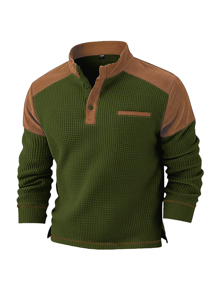 Men's waffle knit henley with stand-up collar, cord shoulder yoke and chest piping Mune Fashion