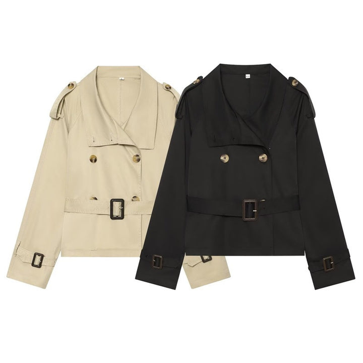 Women Short Boxy Trench with Double Breasted, Waist Belt and Shoulder Tabs Mune Fashion