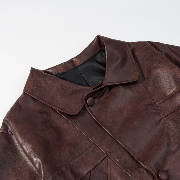 Women's short jacket made of faux leather in boxy cut with decorative seam details Mune Fashion