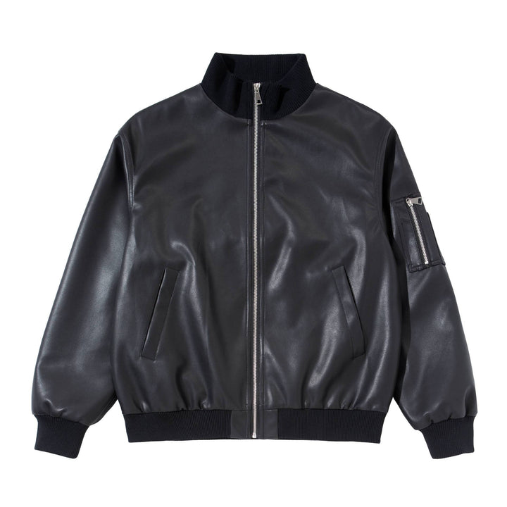 Men's faux leather bomber jacket in boxy cut with high ribbed collar and sleeve utility pocket Mune Fashion