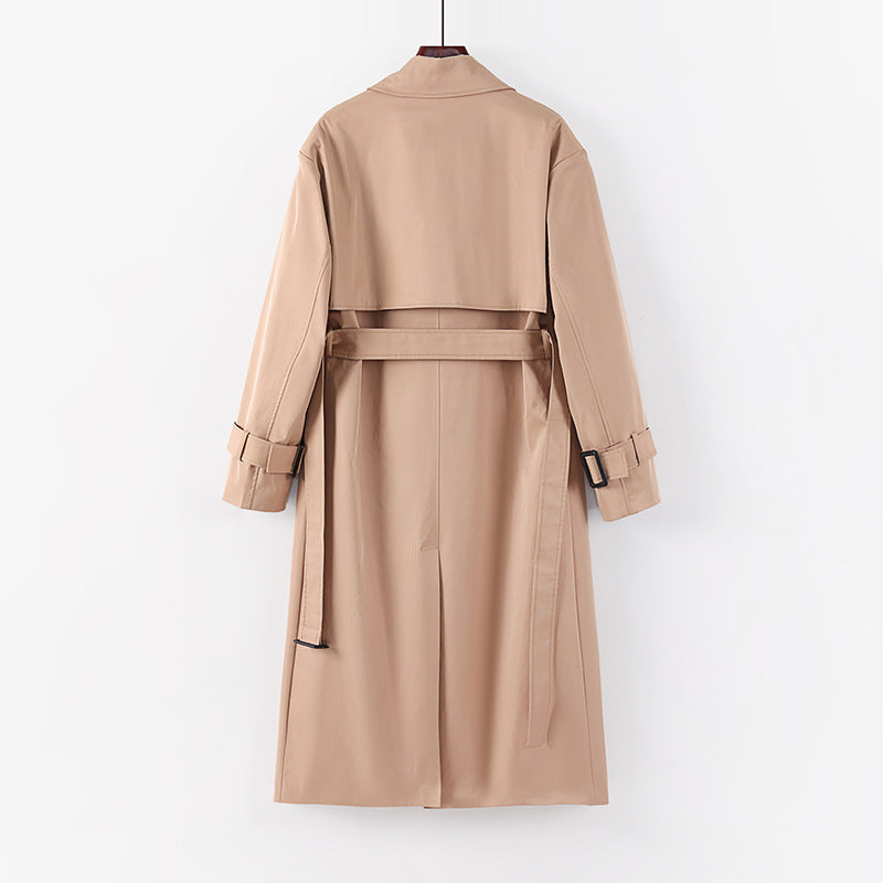 Women Longer tailored trench coat with tie belt and wide shawl collar Mune Fashion