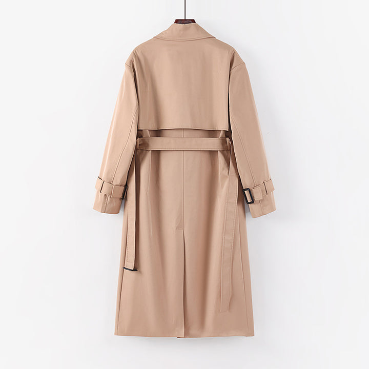 Women Longer tailored trench coat with tie belt and wide shawl collar Mune Fashion