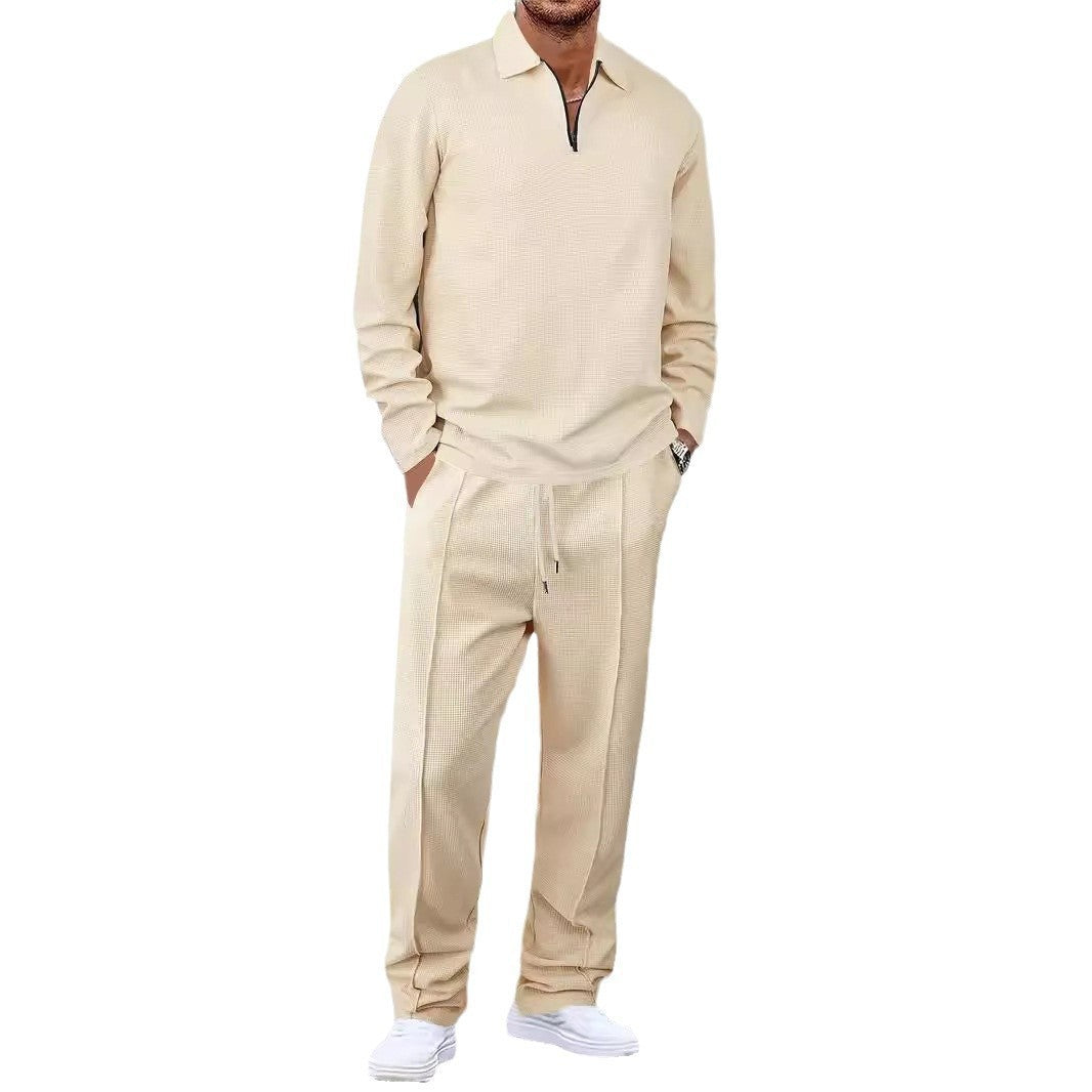 Unisex Nan Waffle Structure Leisure Set with Half-Zip Polo Shirt and Elastic Waist Pants Mune Fashion