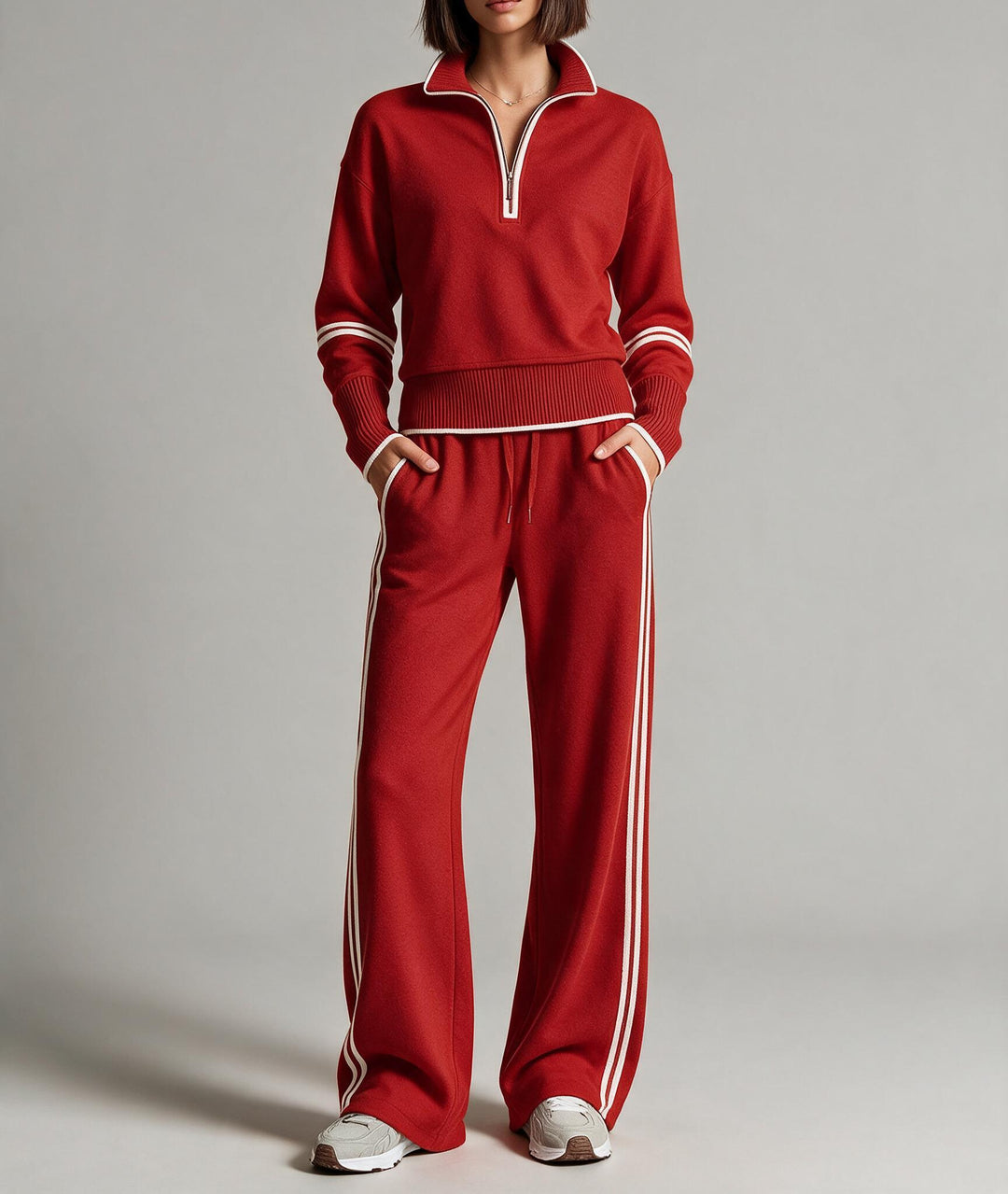 Women's Comfortable Knit Jogging Set with Stand-Up Collar, Half Zipper and Contrast Stripes Mune Fashion