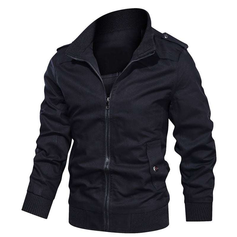Men's lightweight canvas urban jacket in bomber style with high collar and concealed two-way zipper.