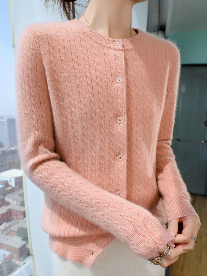 Ladies Short-cut Fine Knit Cardigan with Subtle Structure and Round Neck Mune Fashion