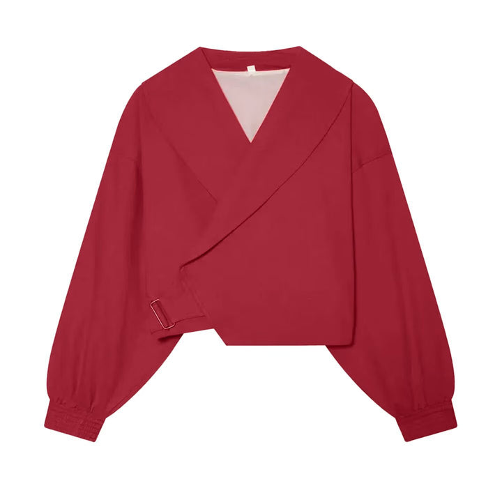 Women Short Cut Wrap Blouse with V-Neck and Balloon Sleeves Mune Fashion