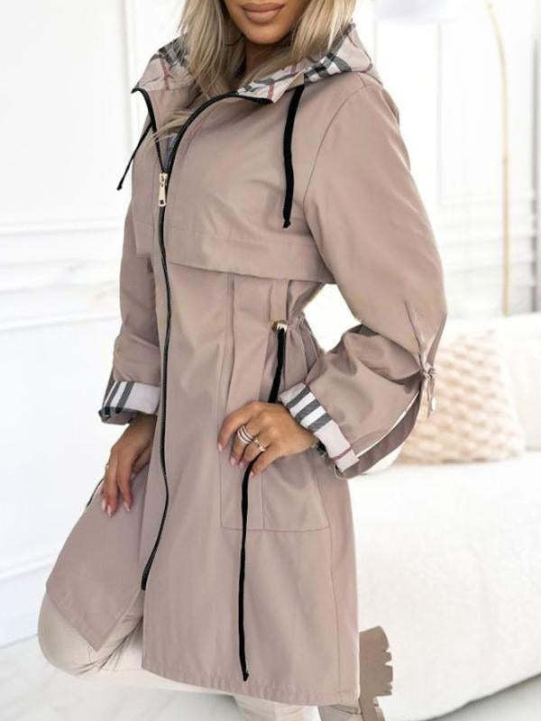 Women's tailored rain parka with hood checkered lined inner collar and drawstring Mune Fashion
