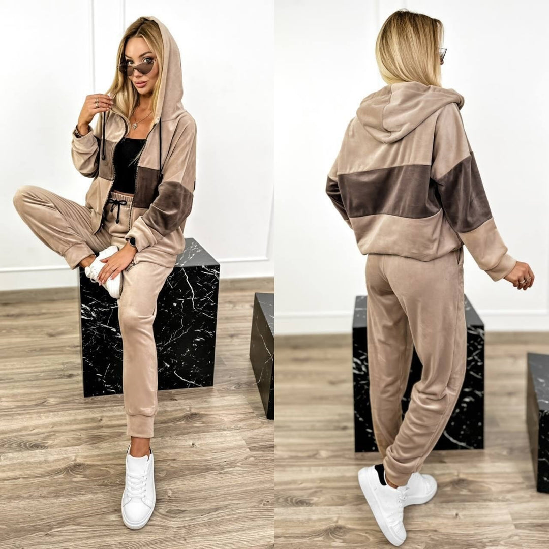 Women's cozy velour two-piece tracksuit with zip hood and high-cut jogger Mune Fashion