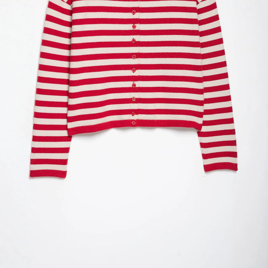 Women Striped Cropped Knitted Cardigan with Stand-up Collar Mune Fashion