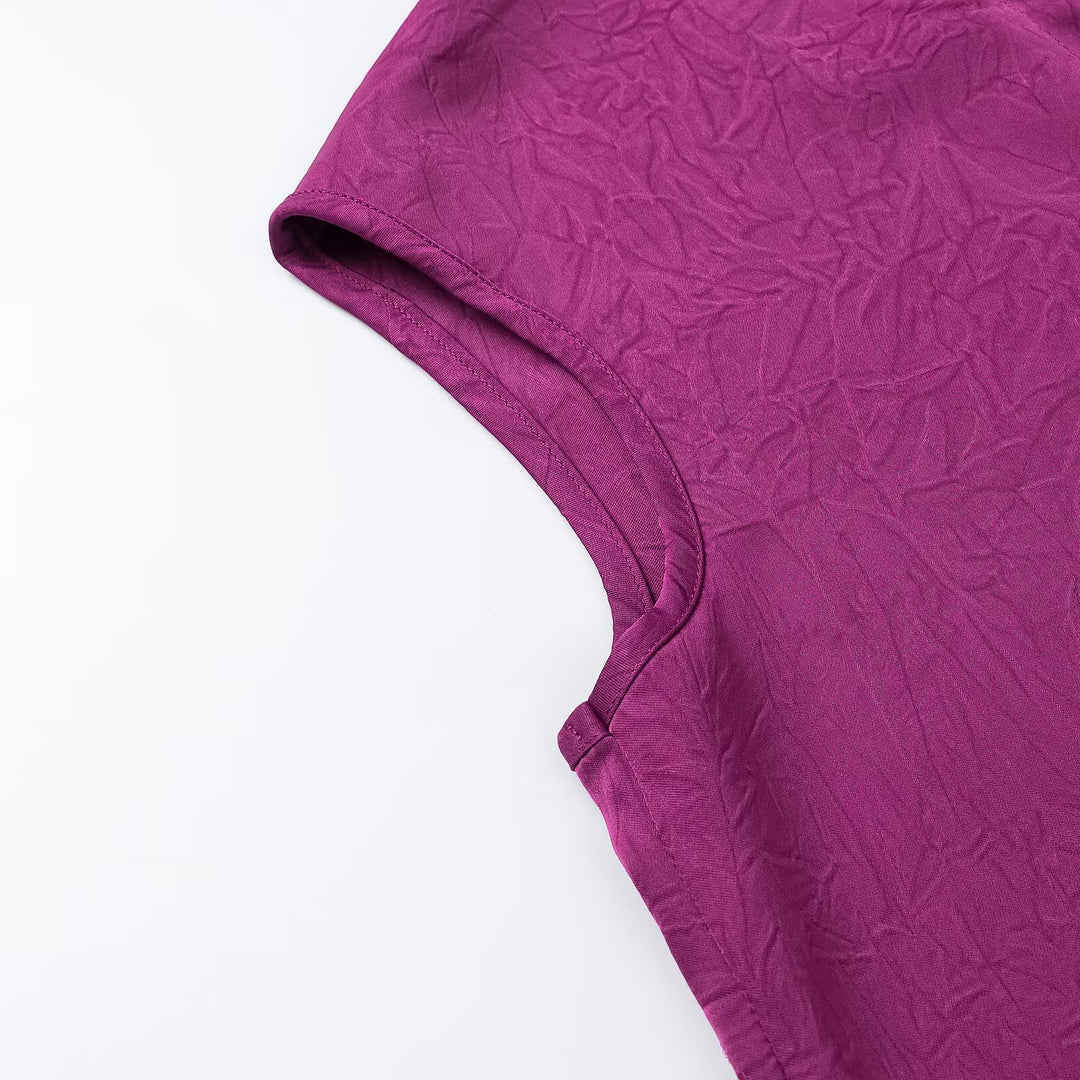 Women's Sleeveless Crinkle Blouse with Button Placket and Embroidered V-Neck Dress