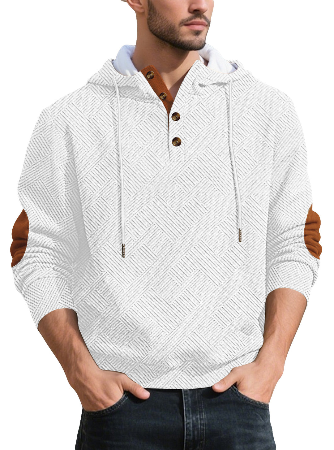 Men's structured hoodie henley pullover with jacquard texture, button placket, and elbow patches Mune Fashion