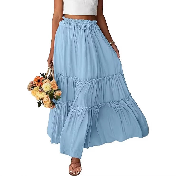 Women's Long Ruffle Tiered Skirt with Elastic Ruffle Waistband Mune Fashion