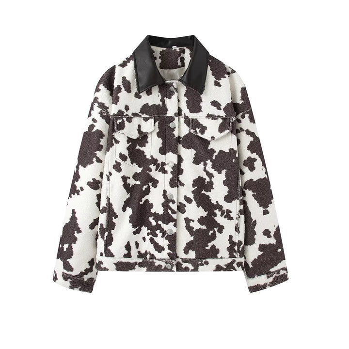 Women’s Short Jacket in Trucker Style with Cow Spot Pattern and Faux Leather Collar Mune Fashion