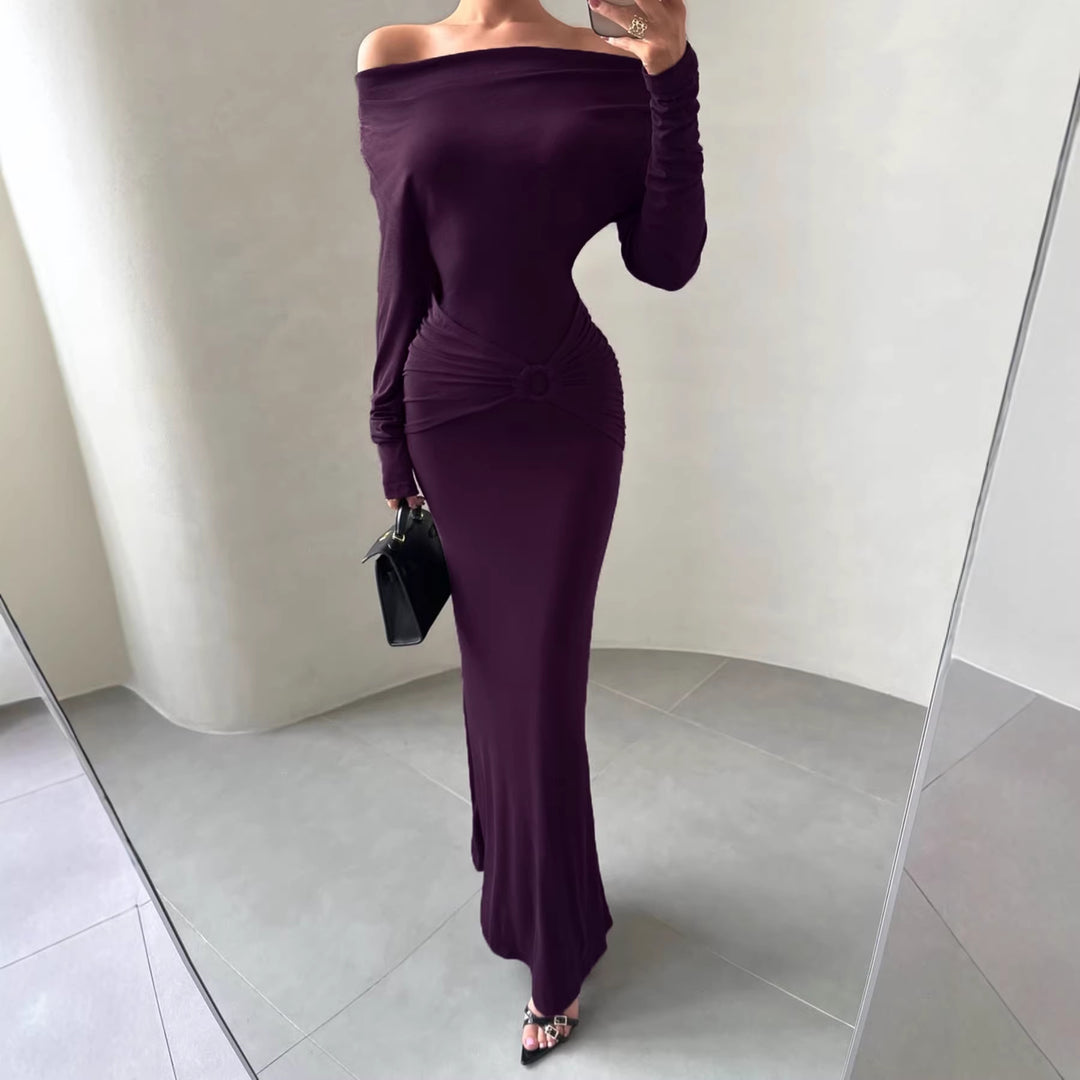 Women Off-Shoulder Maxi Dress with Tailored Wrap Look and Ruching Mune Fashion